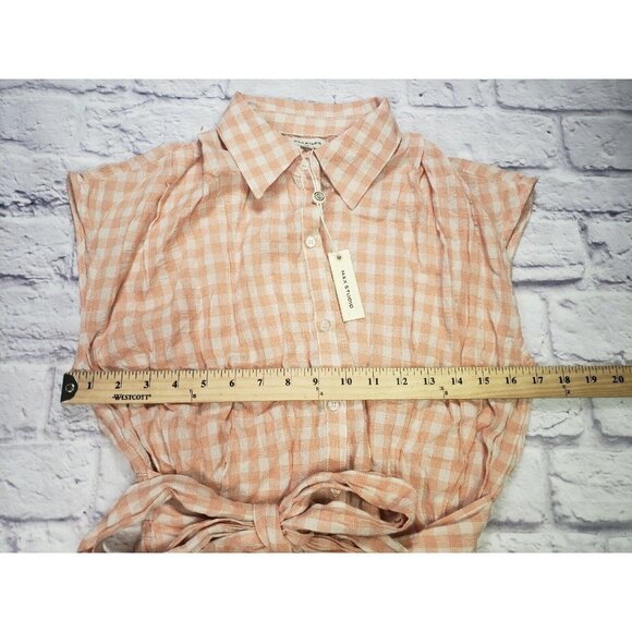 Max Studio Womens Size Small Peach White Gingham Checkered Tie Bow Front Blouse - Picture 4 of 6